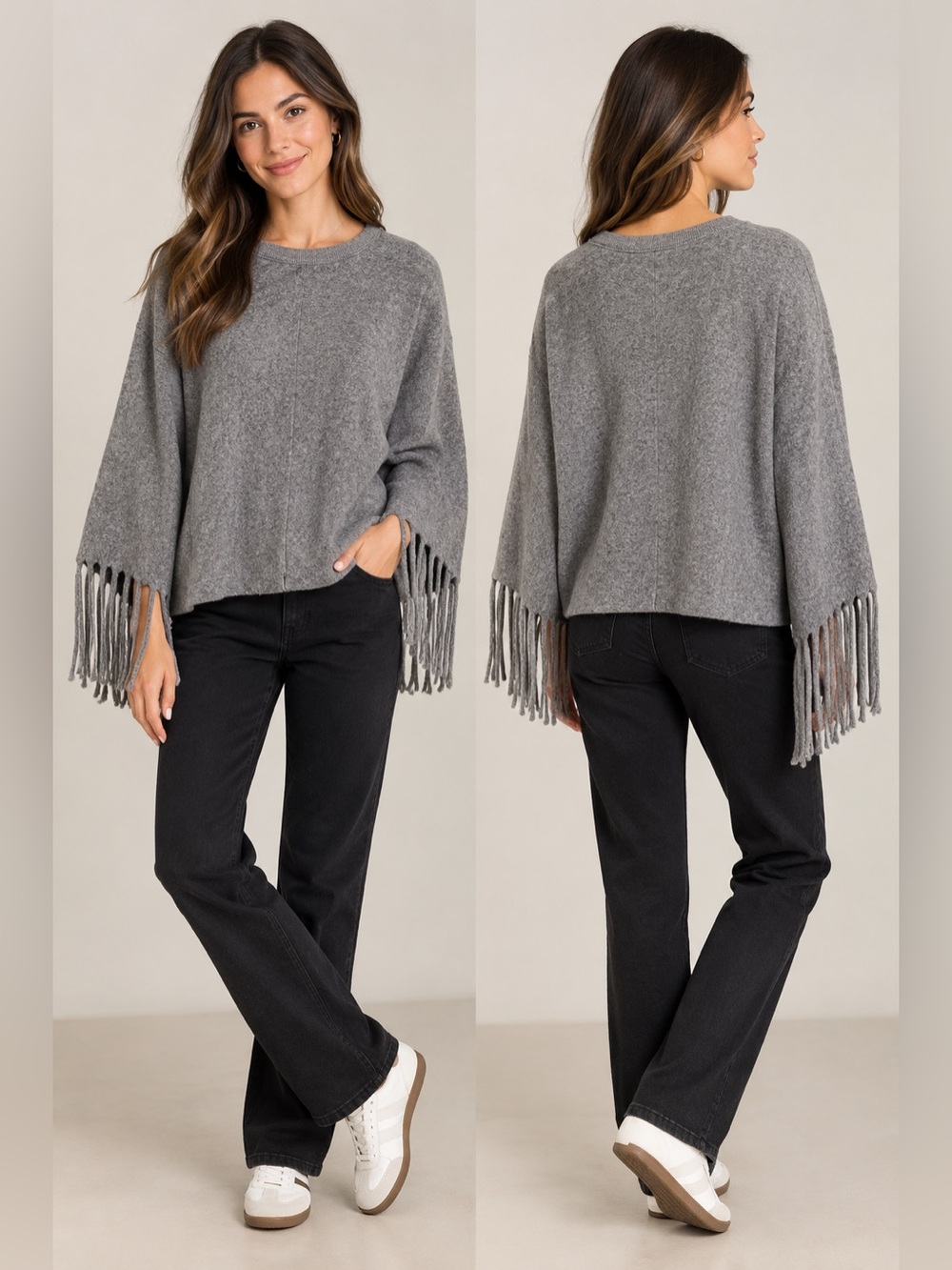 Zara Fringed Textured Sweatshirt Fringe Crew Neck Sweater in Gray Size Small NWT